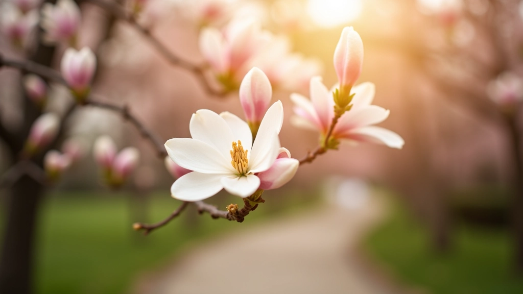 Pavasariniai žiedai magnolijos medyje, balti ir šviesiai rožiniai žiedlapiai, parko takas apačioje, ryto šviesa, ostra detalė