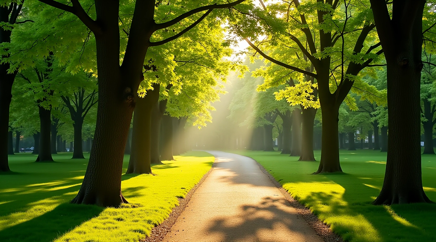Žalios medžio šakos virš šviesos kelio, saulės šešėliai žemėje, pavasario poilsis parke