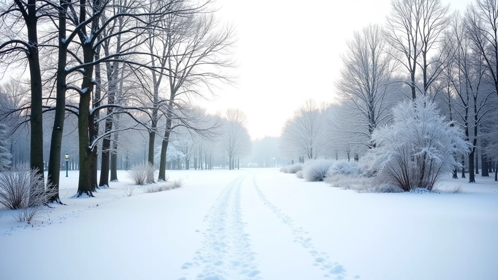 Žieminis parkas su sniegu, šalti medžiai be lapų, takai padengti, mėlyna ir balta spalvų schemą, saulesėdis žiemą